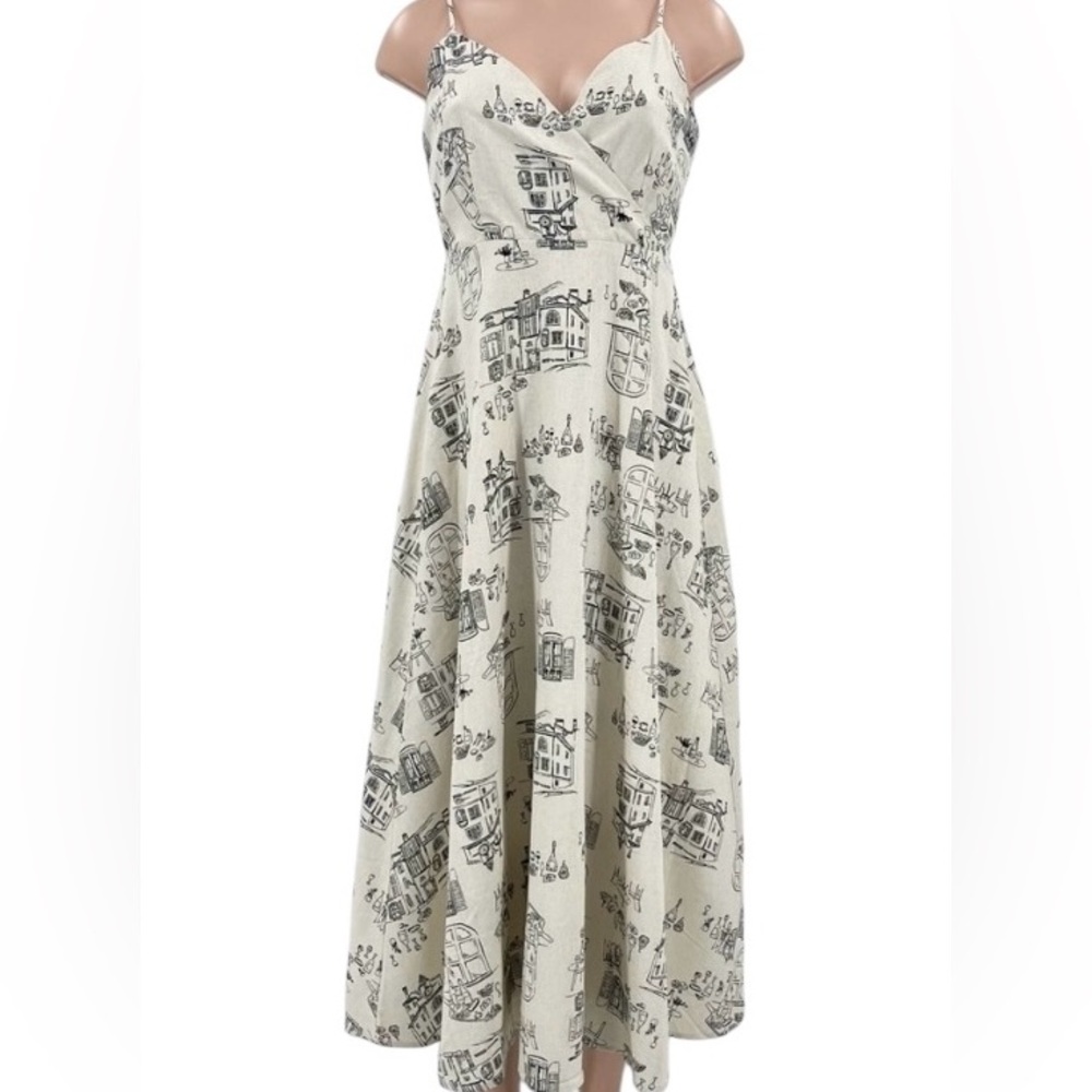 Anthropologie Cream Maxi Dress with Black Architectural Print